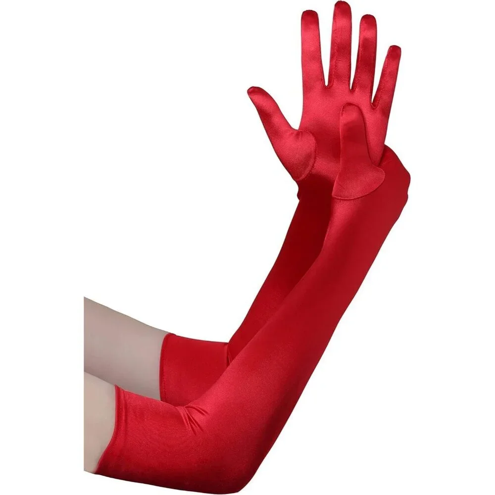 Women's Red Vintage Satin Long Gloves Party Costume Stretchy Elbow Length